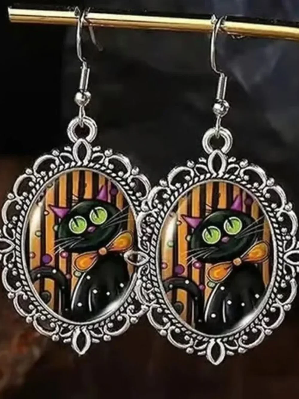 Silver HALLOWEEN Black Cat Dangle Earrings